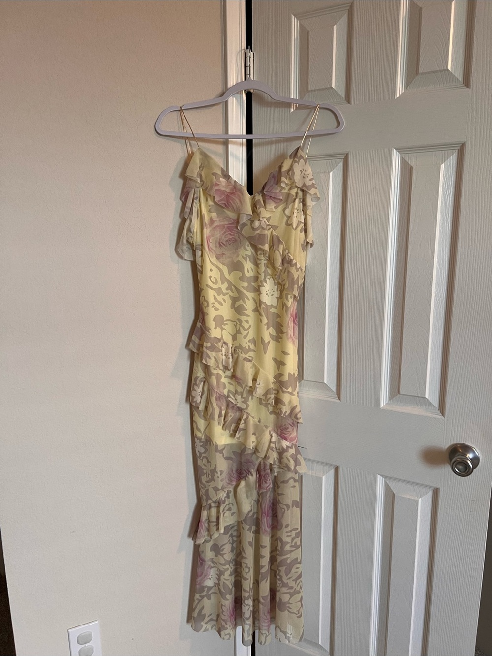 Yellow Floral Ruffled Slip Dress with Pink Accents